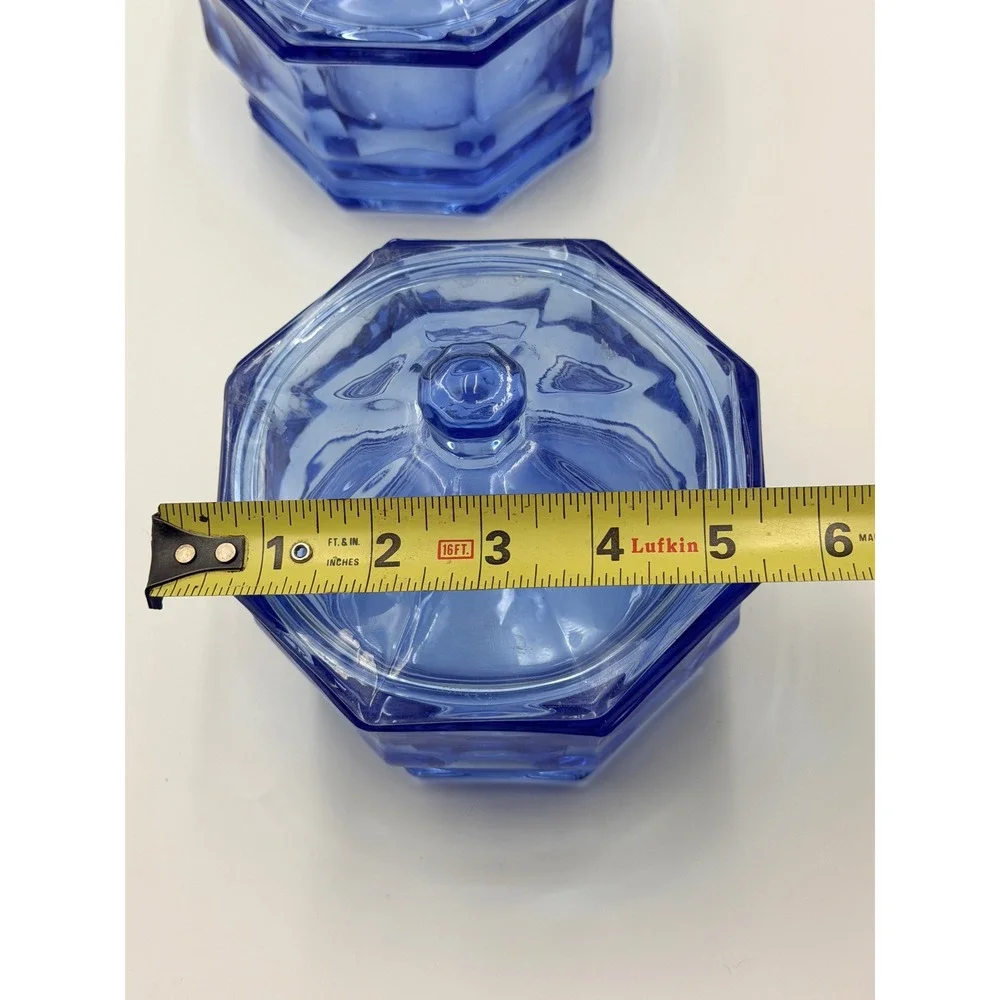 Vintage Indiana Glass Blue Glass Octagon Candy Dishes Set Lot of 2 Paneled Jars